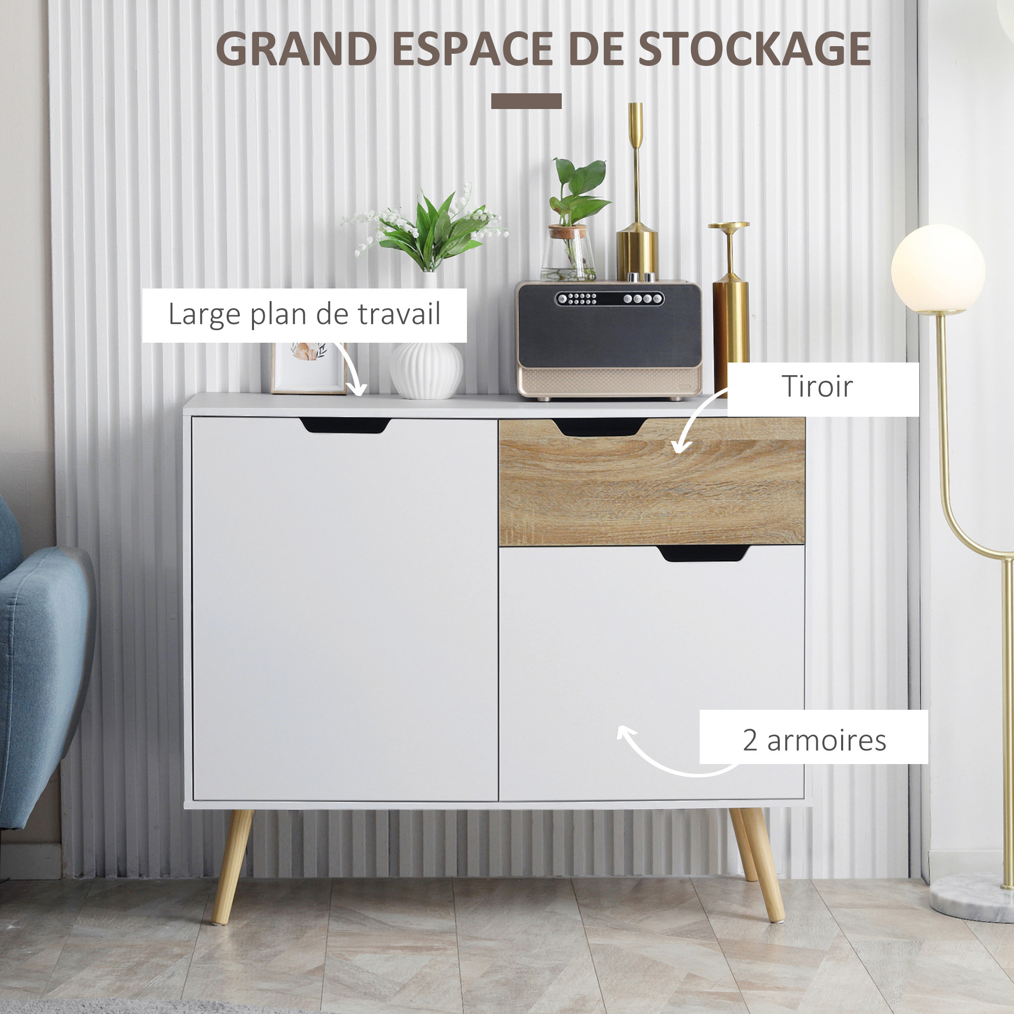 Buffet design scandinave 2 placards tiroir coulissant pieds bois massif pin panneaux particules blanc aspect bois - dim. 98L x 39l x 81,5H cm