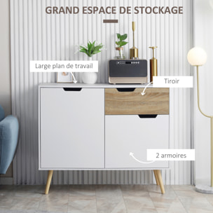 Buffet design scandinave 2 placards tiroir coulissant pieds bois massif pin panneaux particules blanc aspect bois - dim. 98L x 39l x 81,5H cm