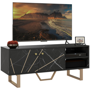 Mueble de TV Mesa de TV con 2 Puertas Estante Ajustable y Efecto Mármol Mueble de TV para Salón para Televisores de 50 Pulgadas Negro y Dorado