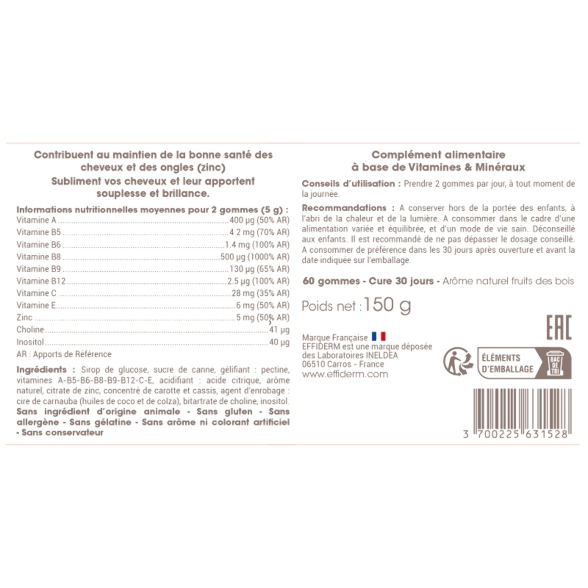 EFFIDERM - Gommes Cheveux & Ongles- Complément alimentaire à base de Biotine, complexe vitaminique B, C, E & Zinc - Santé & Beauté - Apporte brillance & souplesse - Formule végan - Cure 30 jours