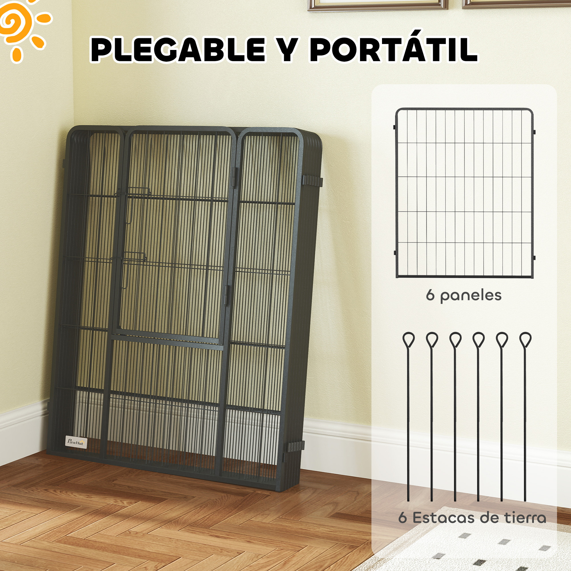 Parque para Perros de 6 Paneles de 100 cm de Altura, Vallas para Perros de Acero Plegable, con Puerta, para Interior y Exterior, Negro