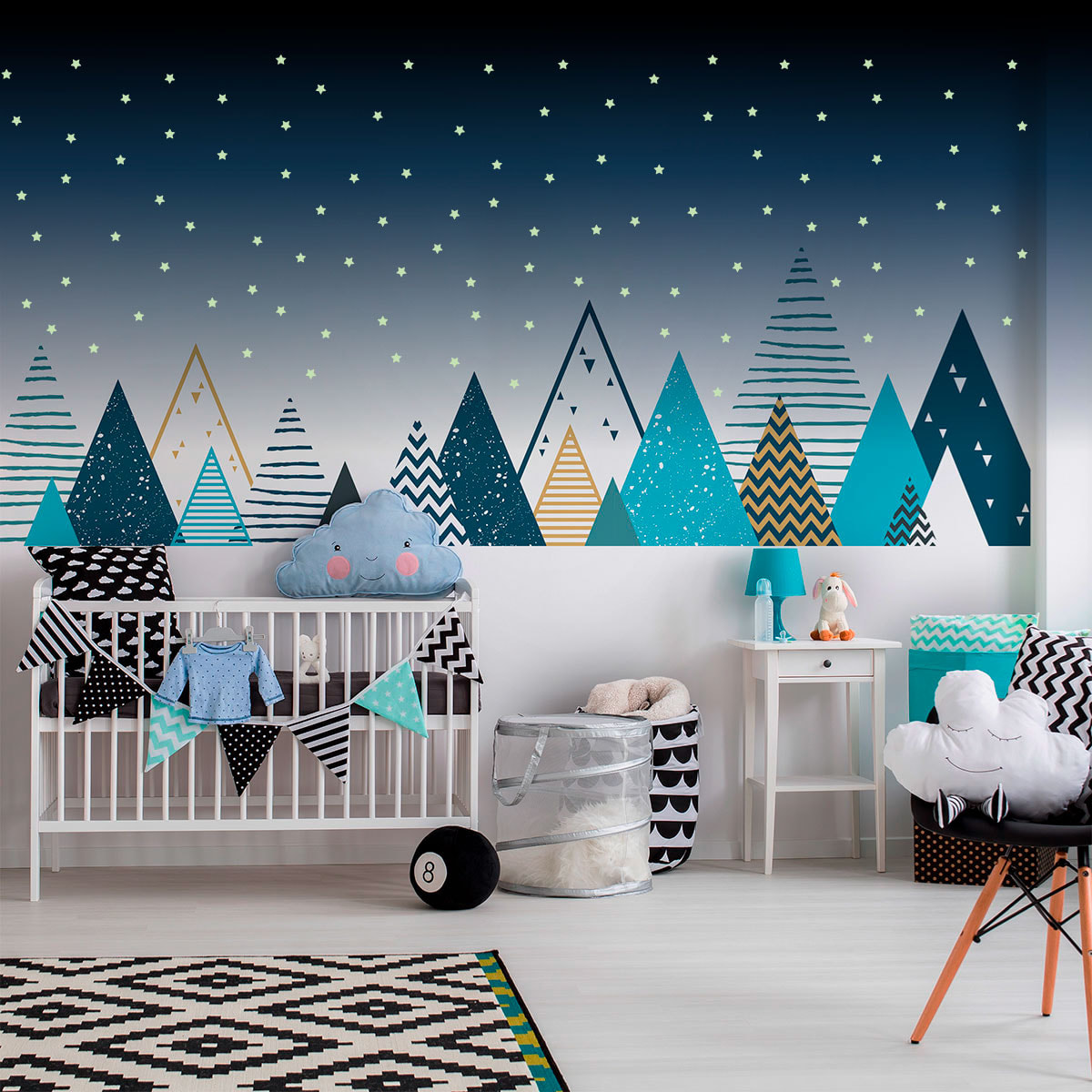 Stickers muraux enfants - Décoration chambre bébé - Autocollant Sticker mural géant enfant montagnes scandinaves MONTAGNES TIPIKA + 100 ÉTOILES PHOSPHORESCENTES