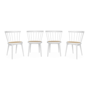 Lot de 4 chaises blanches en bois et cannage. Nora. L 53 x P 53.5 x H 76cm