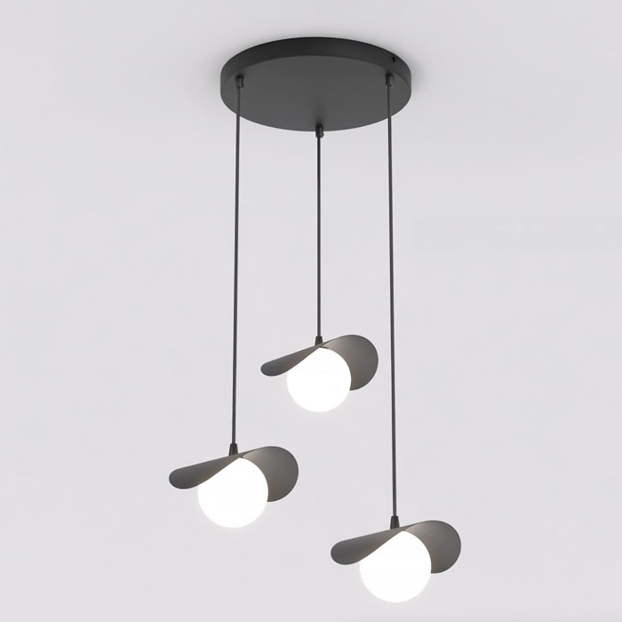 Lampada a sospensione Ritual a tre luci in acciaio nero e vetro