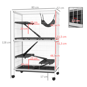 Jaula para Animales Pequeños de 4 Niveles Jaula para Roedores con Ruedas Rampas Hamaca Colgante y Bandeja Extraíble Recinto para Conejos Chinchillas Hurones 80x52x128 cm Blanco