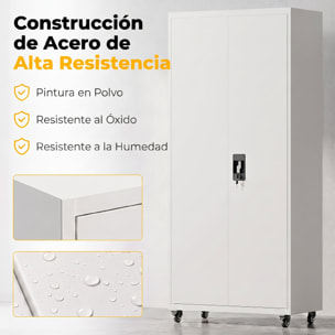 Armario de Herramientas de Acero con Ruedas con Freno, 180 cm, Carro de Herramientas con Cerradura y 4 Estantes Ajustables, Carga 250 kg, Carro de Taller para Garaje, Hogar, Oficina, Blanco