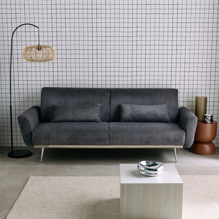 Canapé convertible design en velours côtelé gris foncé - Oskar - 3 places scandinave droit avec pieds métal chromé