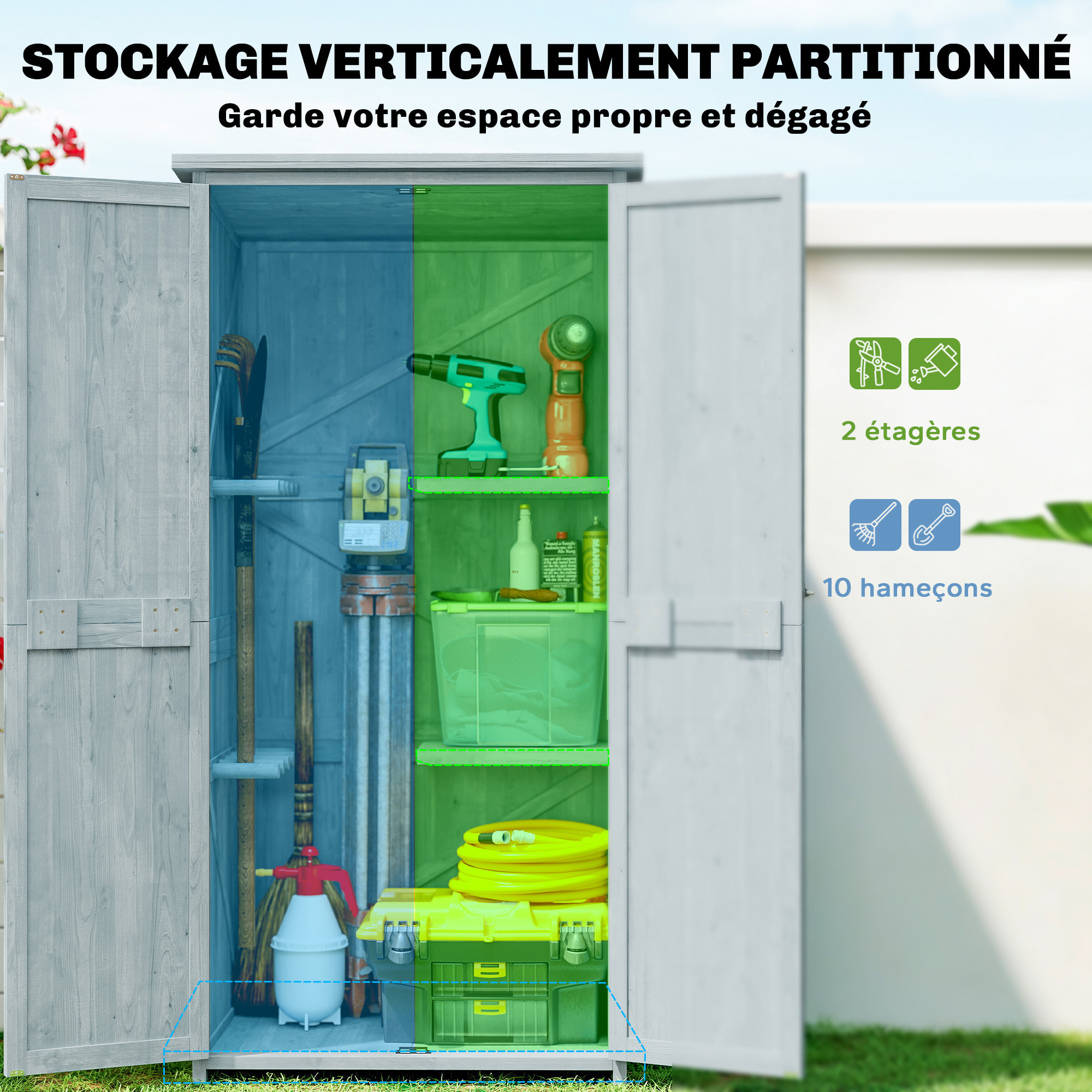 Armoire de jardin bois 2 portes 2 étagères 5 racks 85 x 54 x 170 cm gris