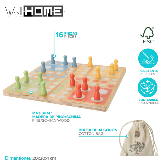 Well home - juego ludo boad en madera de pino y bolsa de algodón