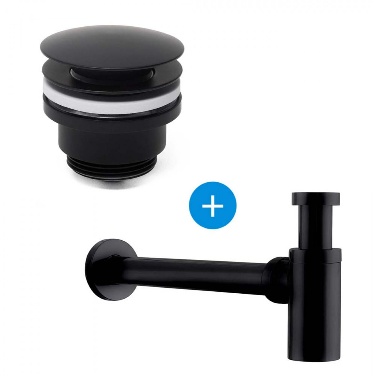 Set Bonde clic-clac  5/4  avec trop plein pour lavabos et vasques, noir mat + Siphon, noir mat (SATSetBlack)