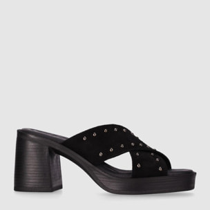 Sandalias de Serraje - Negro - Tacón: 8 cm