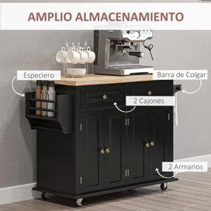 Isla de Cocina con Ruedas Carro de Cocina Mueble Auxiliar de Cocina con 2 Cajones 4 Puertas Especiero y Barra Lateral para Comedor 111x44,5x82,5 cm Negro