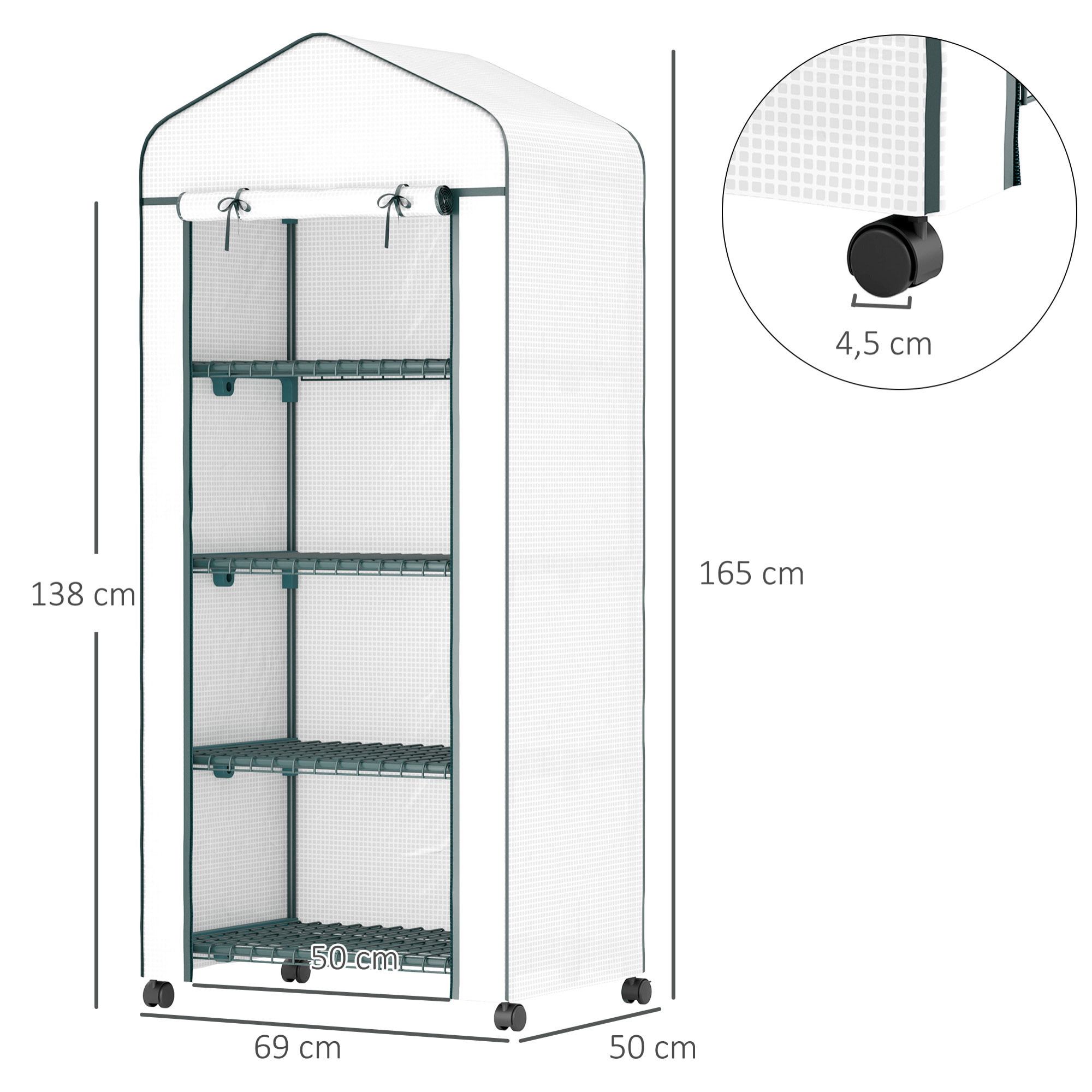Invernadero de Exterior con 4 Estantes y Ruedas, Invernadero Pequeño con Puerta Enrollable, Marco de Acero y Cubierta de PE 140g/Ã£Å½Â¡, Anti-UV para Plantas, Macetas, Flores, 69x50x165 cm, Blanco