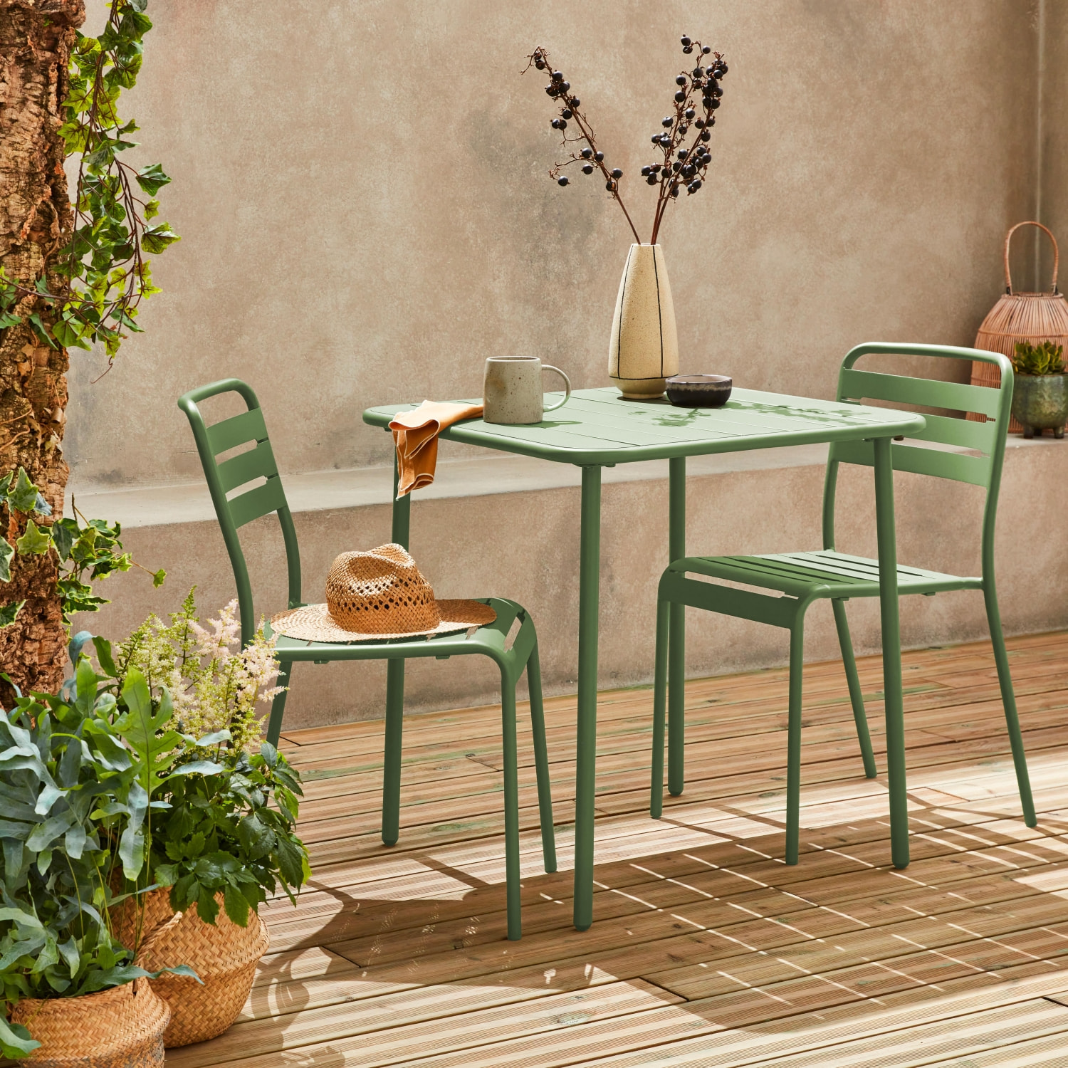 Table de jardin métal + 2 assises vert Amélia