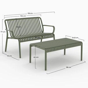 Salon de jardin 2 places en plastique vert kaki  - Ivy