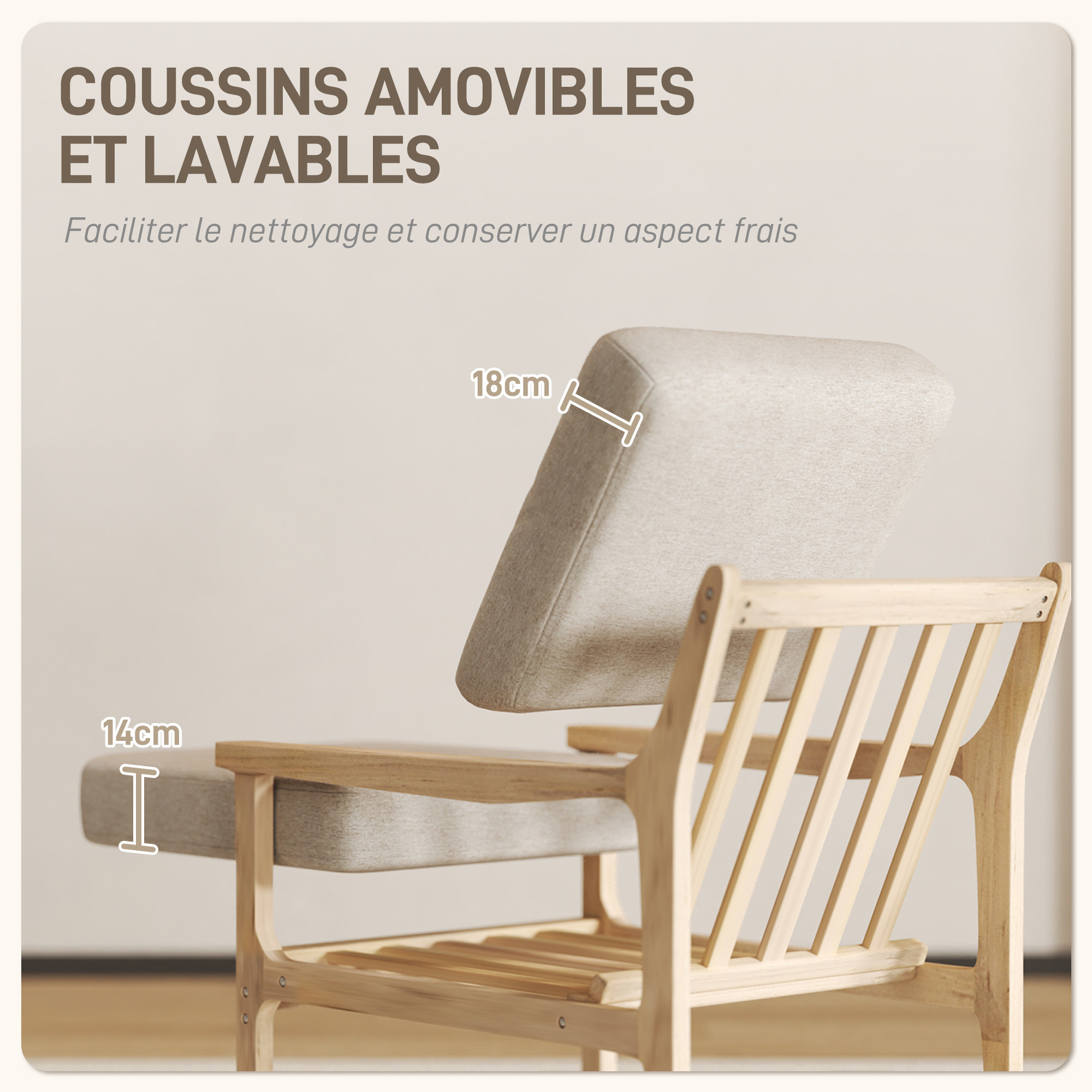 Fauteuil lounge style nordique piètement structure accoudoirs bois naturel épais coussins tissu beige