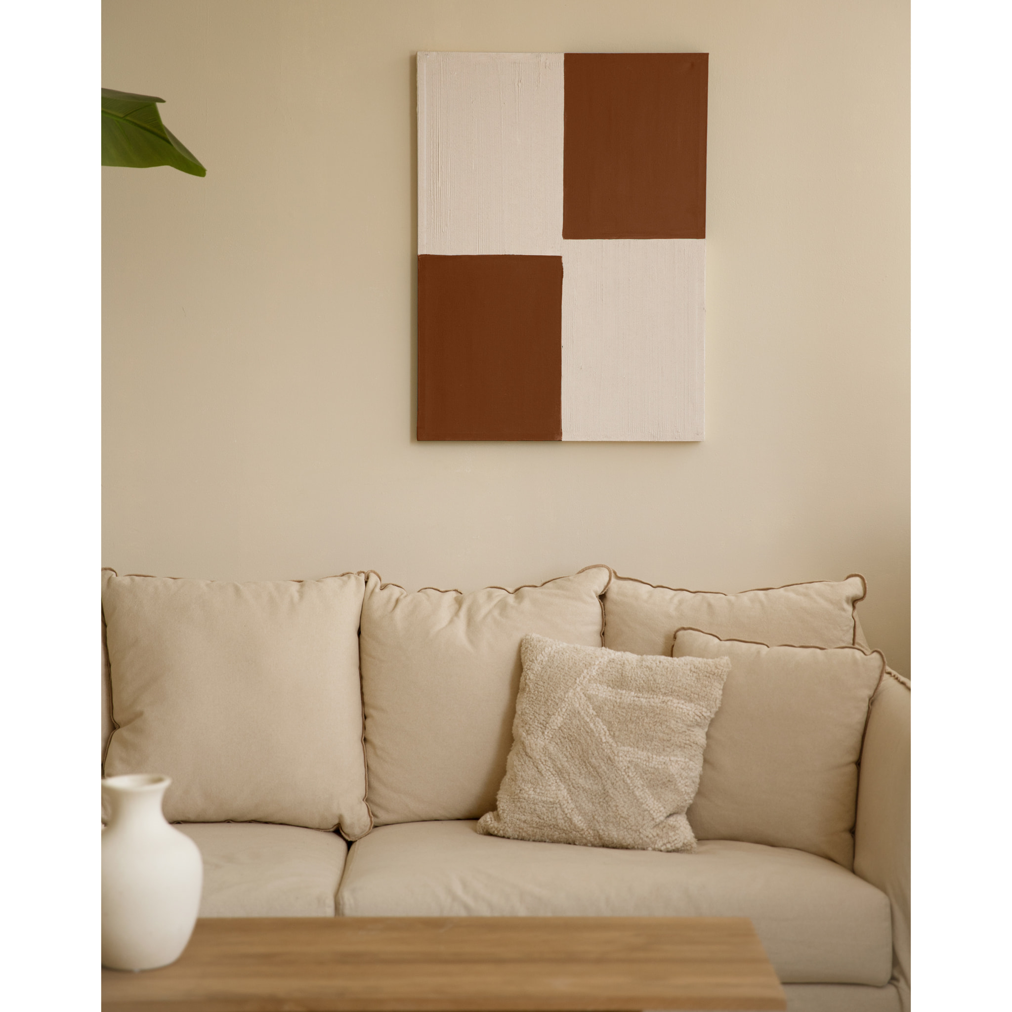Tableau tuiles et blanc décoratif sur coton avec cadre en bois peint à la main à la peinture à l'huile en différentes tailles