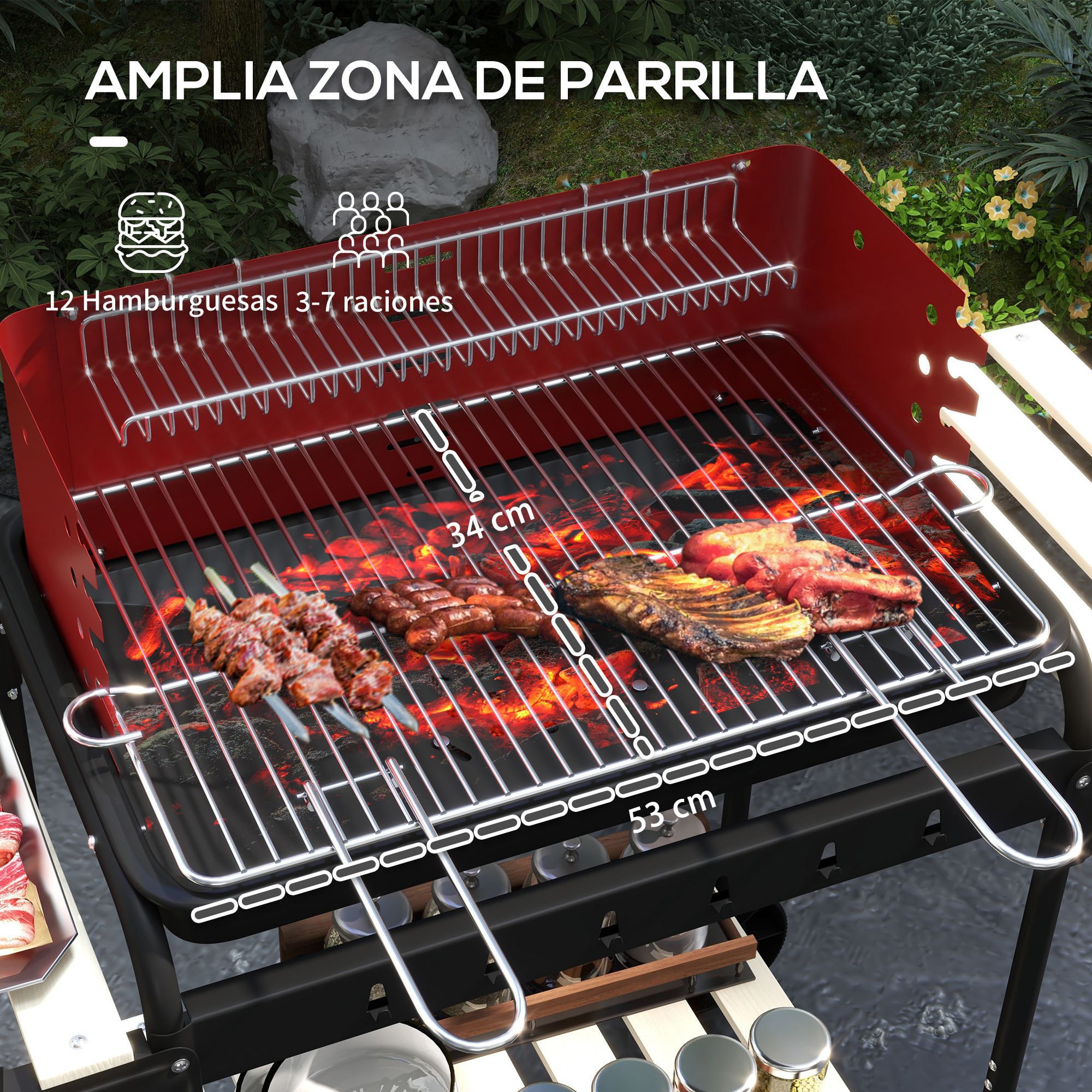 Barbacoa de Carbón con Ruedas Barbacoa Portátil con Parrilla Ajustable en Altura Estantes y 6 Ganchos para Picnic Camping 103x47x95 cm Rojo y Negro