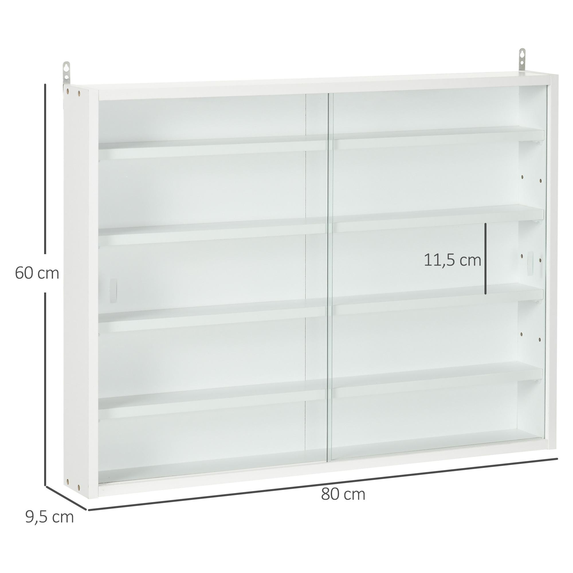 Vitrina de Pared Vitrina de Madera con Estantes Ajustables y 2 Puertas Correderas de Vidrio para Colecciones Perfumes Figuras de Decoración 80x9,5x60 cm Blanco