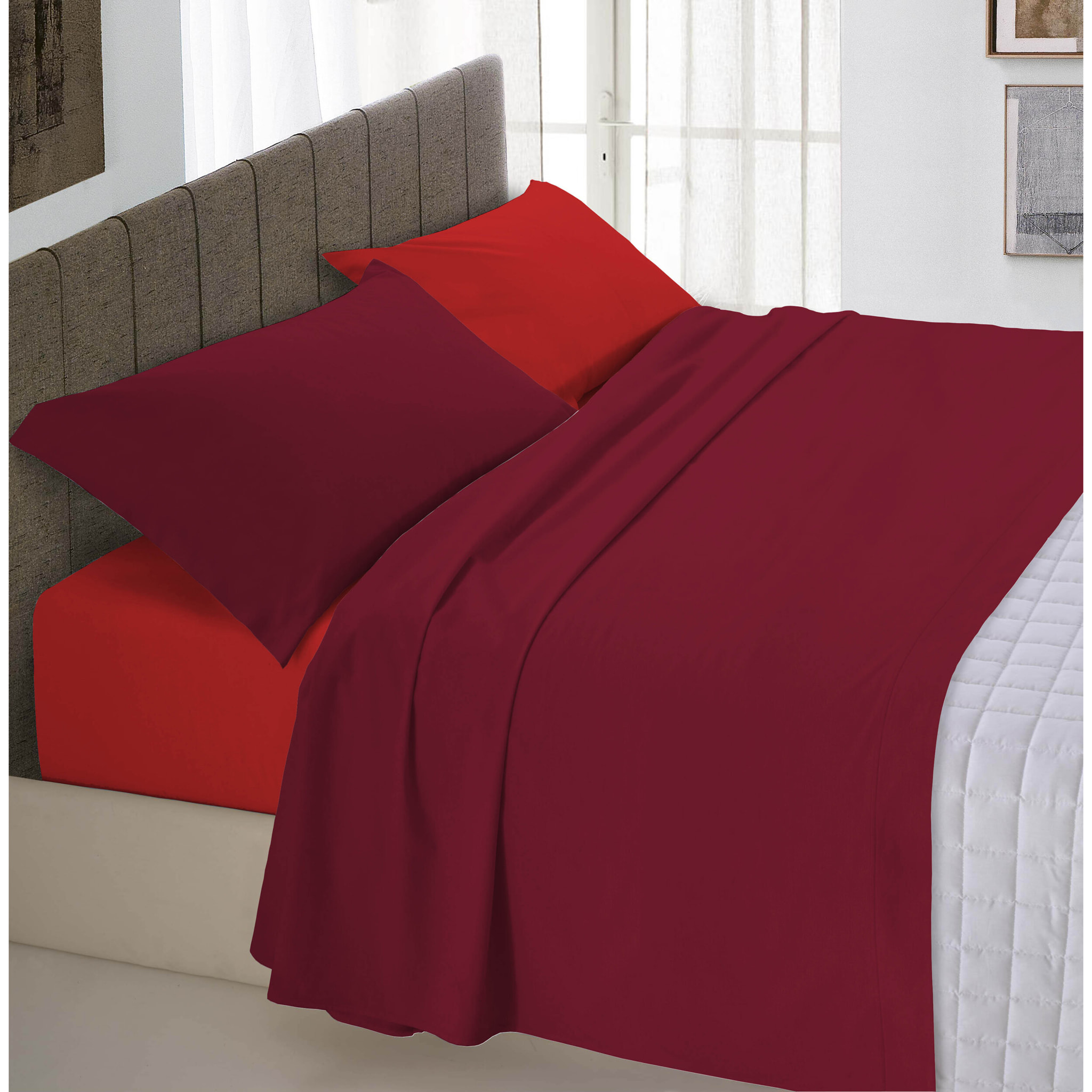 COMPLETO LETTO NATURAL COLOUR MADE IN ITALY COTONE-ROSSO/BORDEAUX PIAZZA E MEZZA