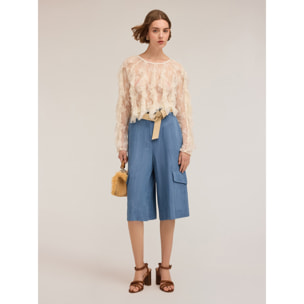 Motivi - Blusa maniche lunghe in pizzo con rouches - Bianco