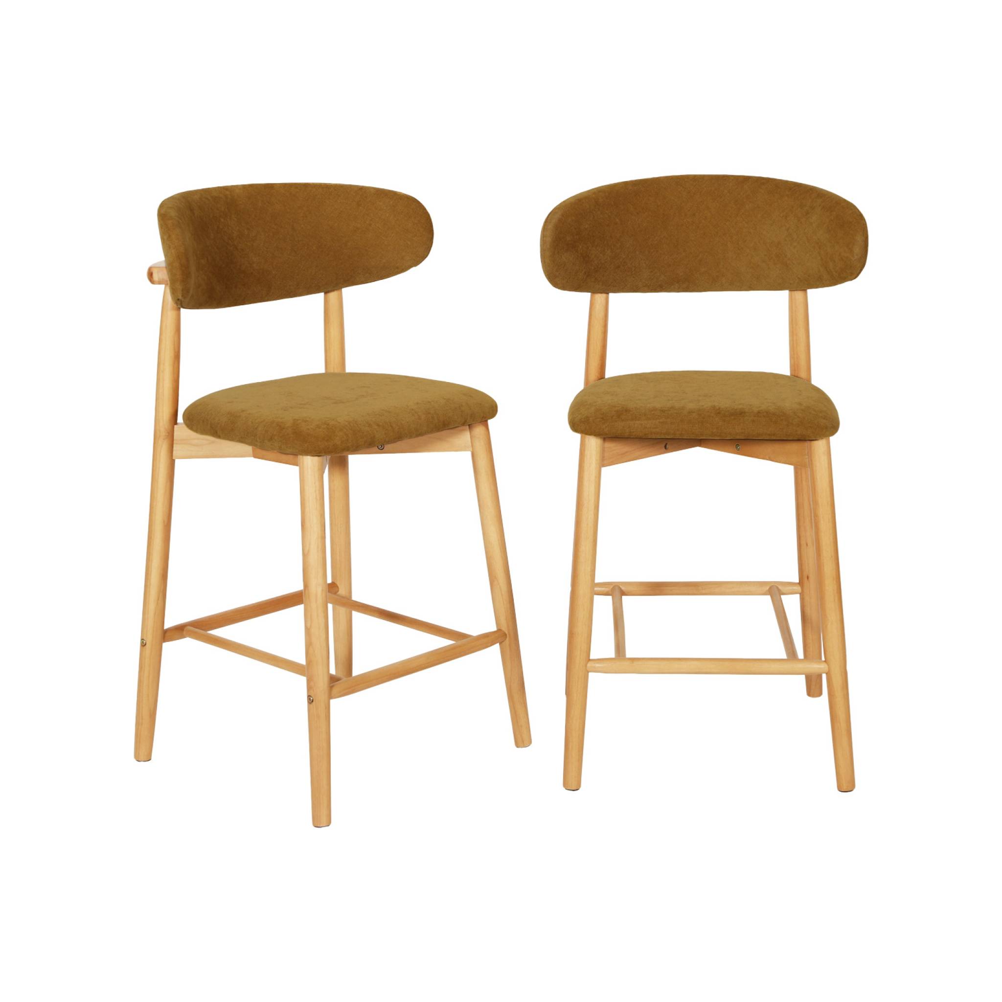 Tabouret de bar bois d'hévéa naturel et tissu chenille (lot de 2)  PAOLA