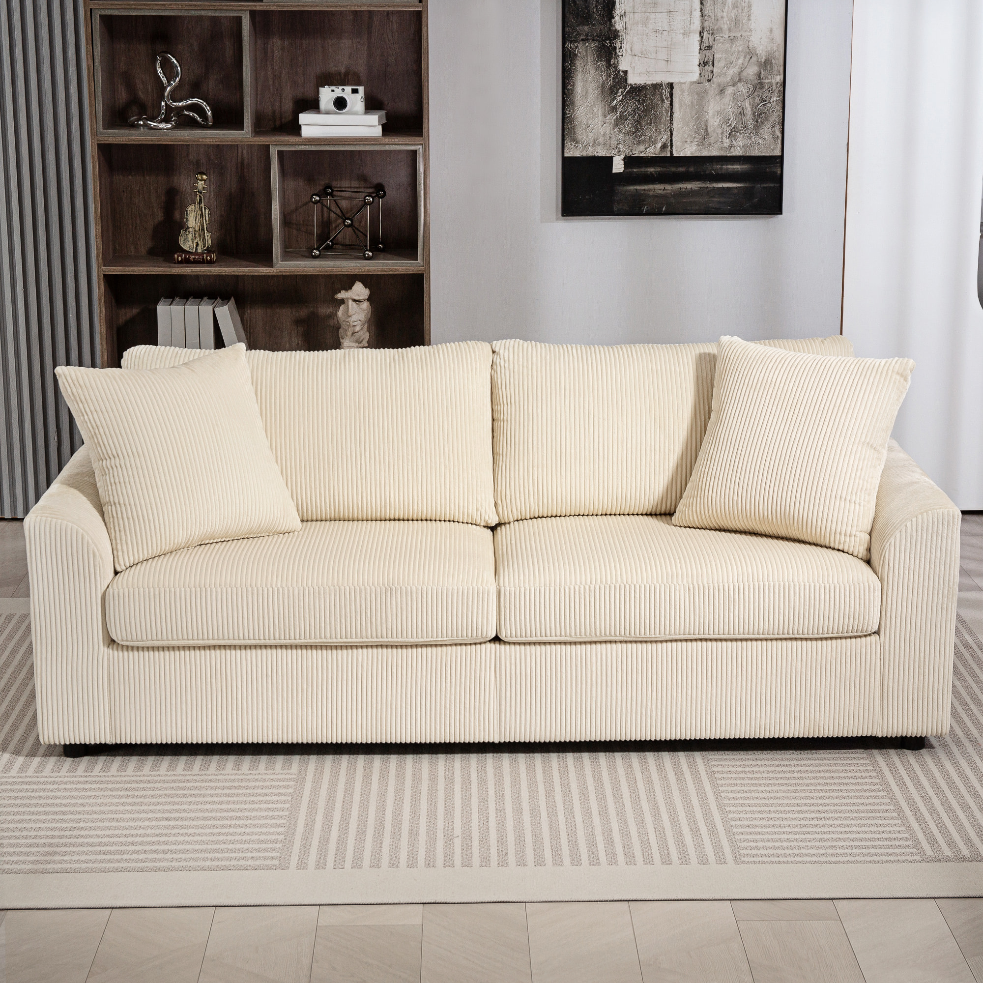 Canapé 3 places velours côtelé avec 2 coussins - canapé droit fixe 3 places beige clair