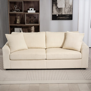 Canapé 3 places velours côtelé avec 2 coussins - canapé droit fixe 3 places beige clair