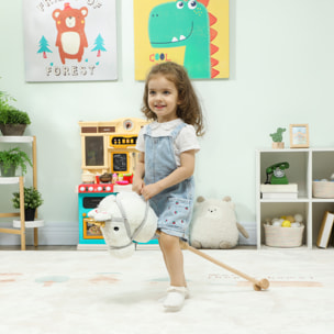 Cabeza de Caballo con Palo de Madera, Diseño Unicornio, Sonidos y Ruedas, Caballo de Juguete, 95 cm de Altura, Blanco