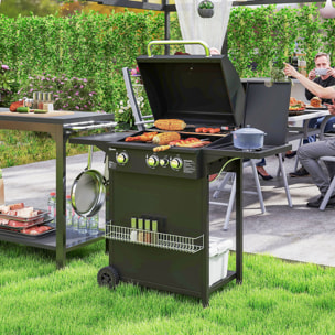 Barbacoa de Gas BBQ Gas con 3+1 Quemadores 8,5 kW Barbacoa Portátil con Termómetro Mesa Lateral Parrilla Recogedor de Grasa 2 Ruedas para Jardín Exterior Camping Negro