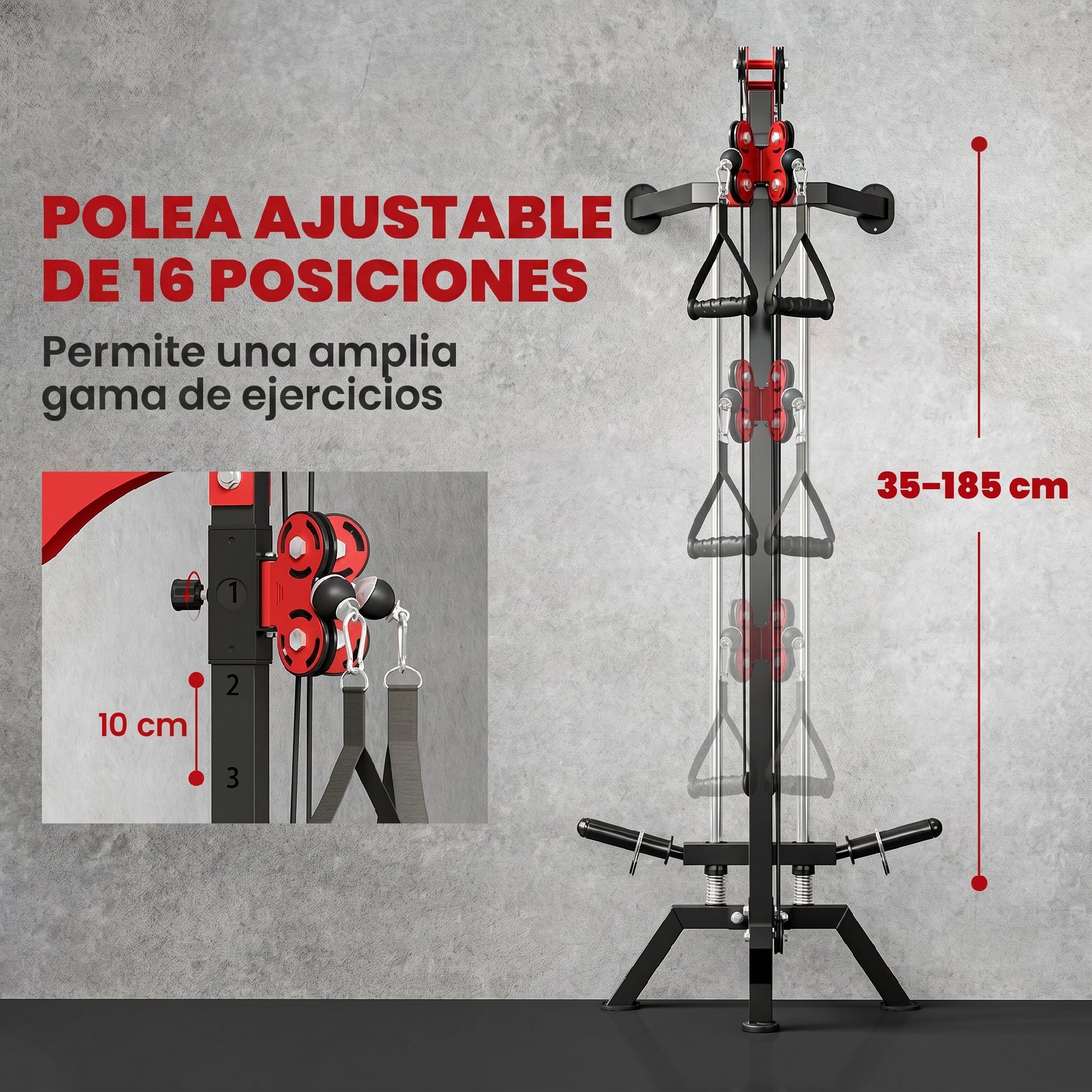 Máquina Polea Alta y Baja de Pared, Estación de Polea Ajustable en 16 Posiciones, Máquina de Musculación con Barra para Jalones y Manillar para Entrenamiento de Fitness en Gimnasio en Casa