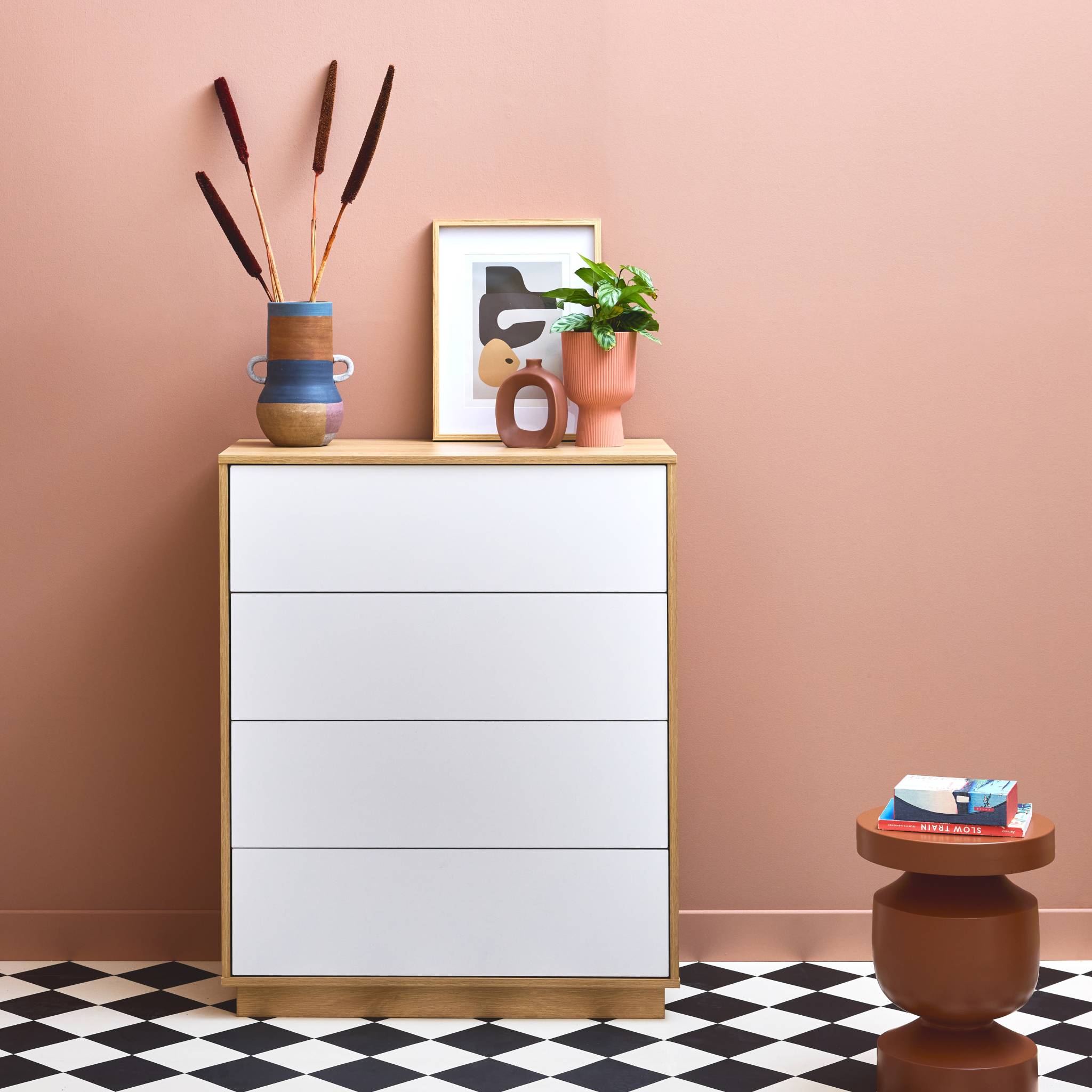Commode de rangement 4 tiroirs effet bois bicolore