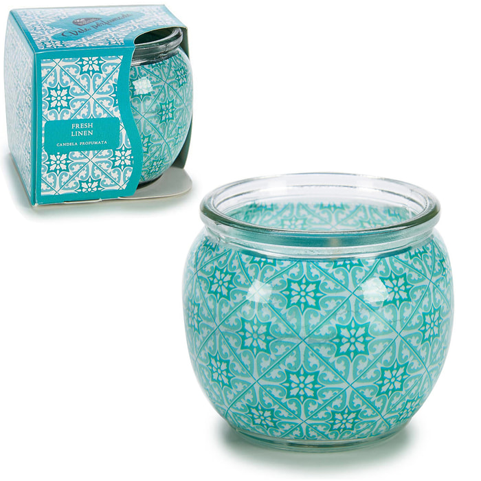 Candela profumata in barattolo di vetro profumo di lino fresco.