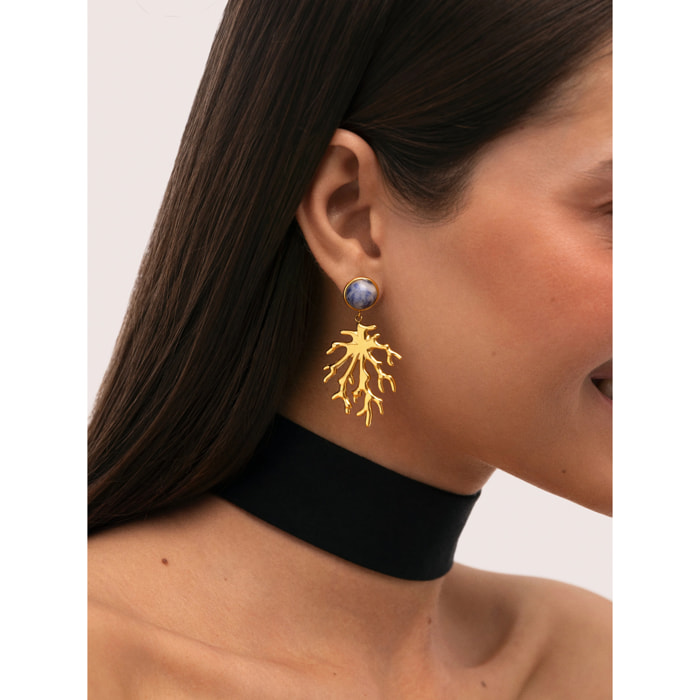 Orecchini Coral Stone Blu Acciao Placcato Oro