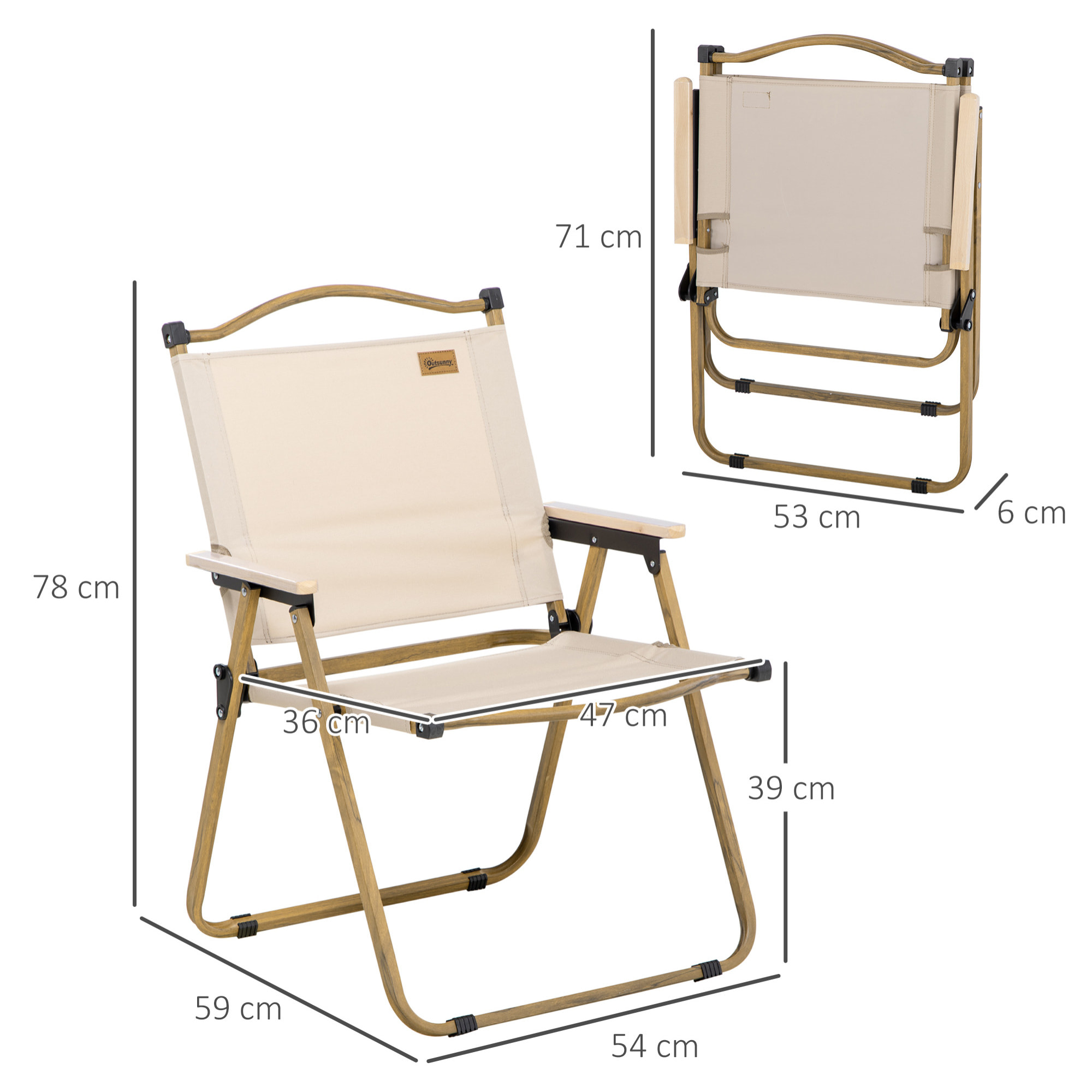 Chaise de plage camping pliante - poignée - structure acier aspect bois oxford beige