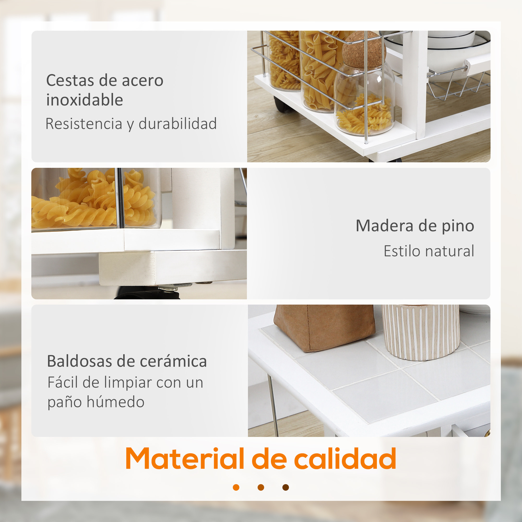 HOMCOM Carrito de Cocina con Ruedas Carrito Verdulero con Encimera Baldosado Cajón 4 Cestas de Metal y 4 Especieros Laterales para Comedor 57x37x83 cm Blanco