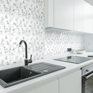 Stickers muraux - Sticker Mural Carrelage adhésif Cuisine Salle de Bain - 24 STICKERS CARRELAGES EFFET MARBRE NOIR ET BLANC