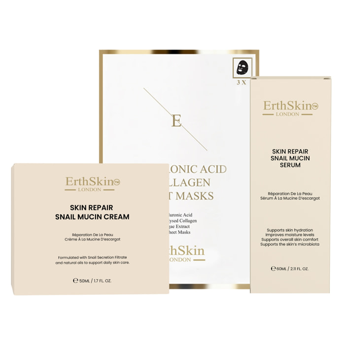 Set de crema reparadora de caracol, sérum de caracol y mascarilla de colágeno.