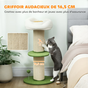 Arbre à chat griffoir design fleurs H.92 cm plateforme et panier d'observation boule à ressort