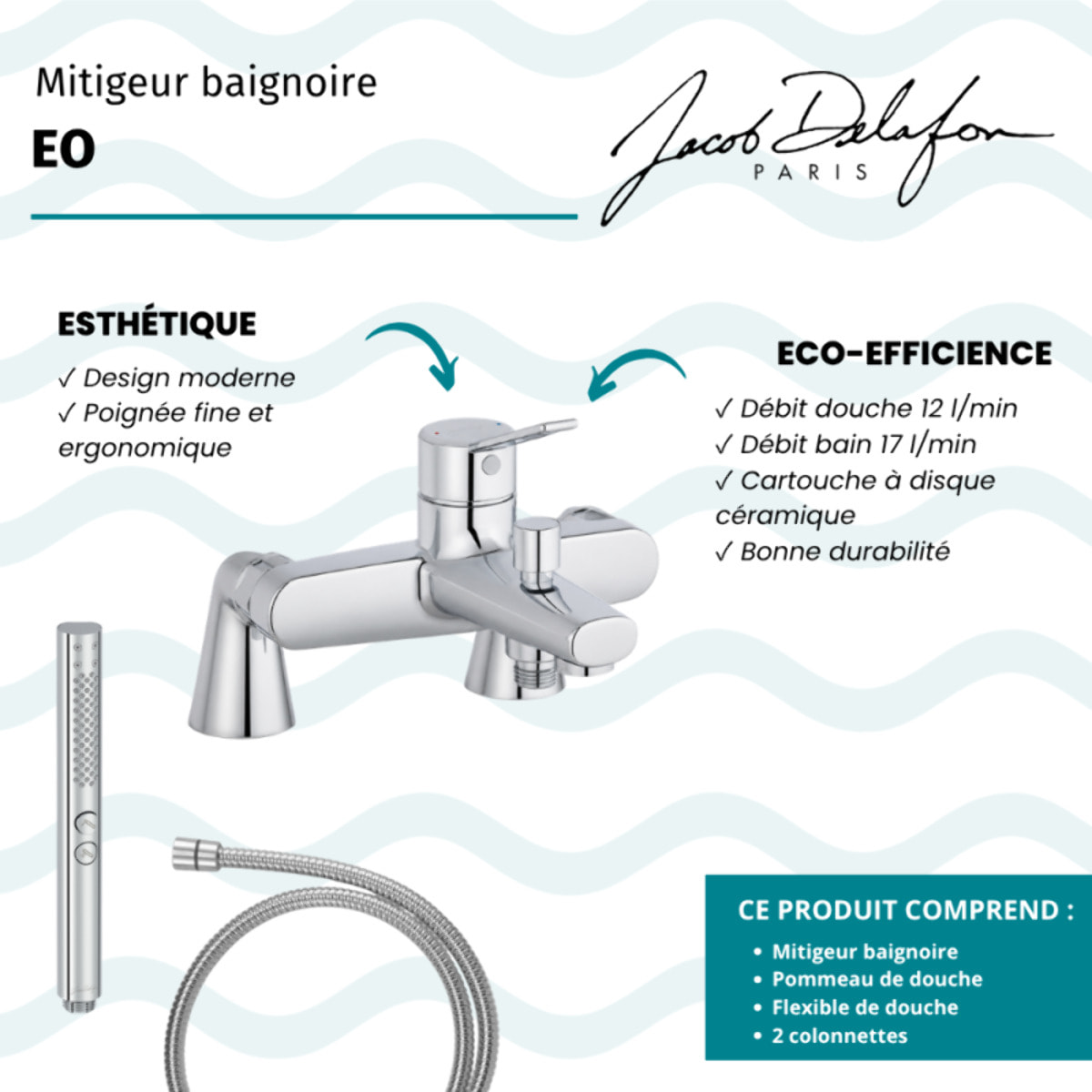 Mitigeur baignoire Eo + pommeau de douche Shift+ rond + flexible de douche métal + colonnettes