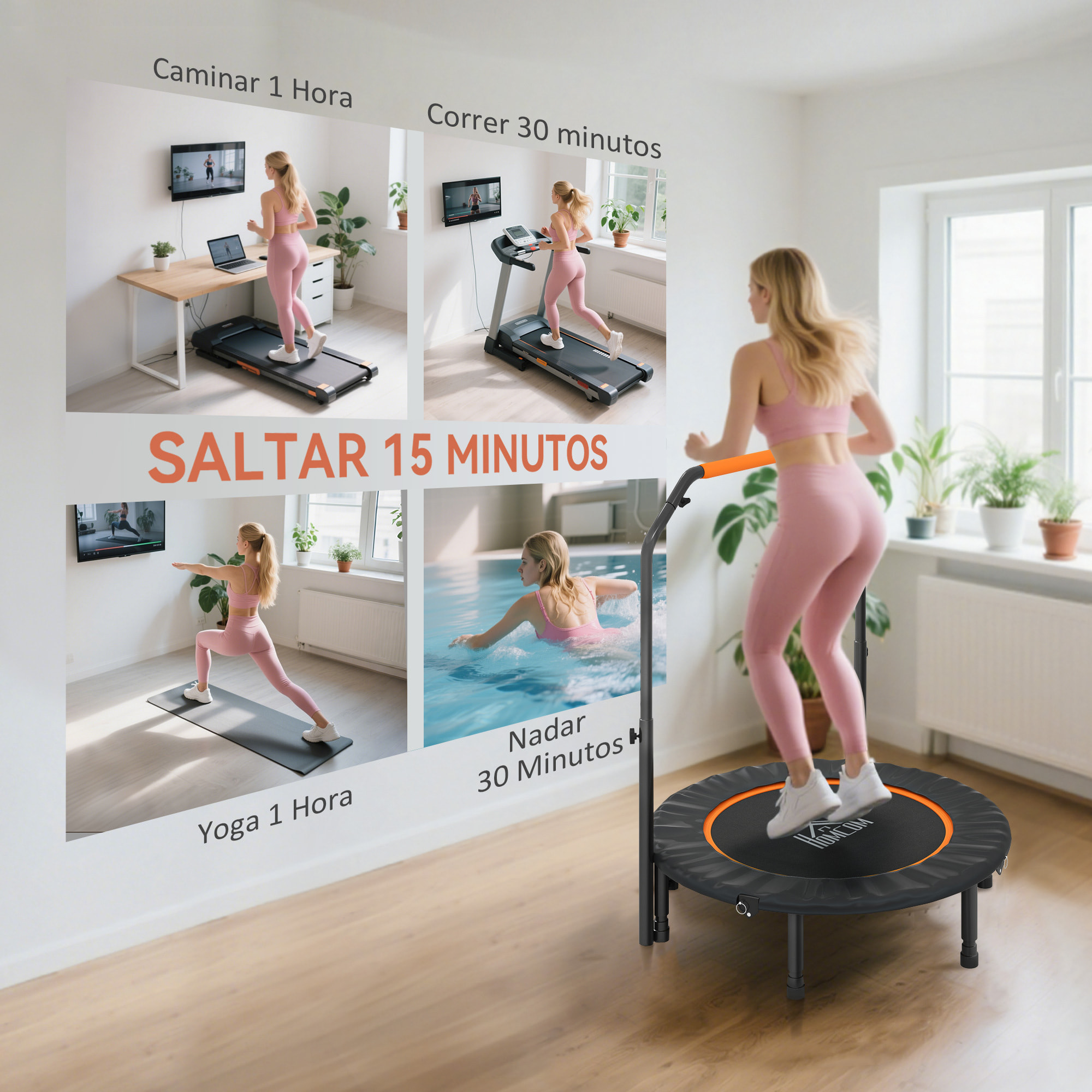 Trampolín de Fitness Adultos Ø102 cm, Cama Elástica Plegable con Mango Ajustable de 4 Niveles, Marco de Acero, para Entrenamiento Piernas, Cuerpo en Hogar, Oficina, Gimnasio, Negro y Naranja