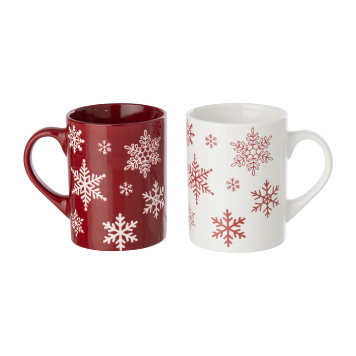 J-Line boîte de 2 mugs flocon de neige - porcelaine - blanc/rouge Noël