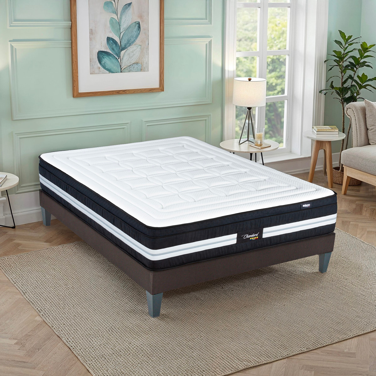 Ensemble Matelas Hybride Chambord & Sommier KIT15, 32 cm, Micro-Ressorts et Mémoire de Forme, Technologie Tri-Lattes, Soutien Ferme