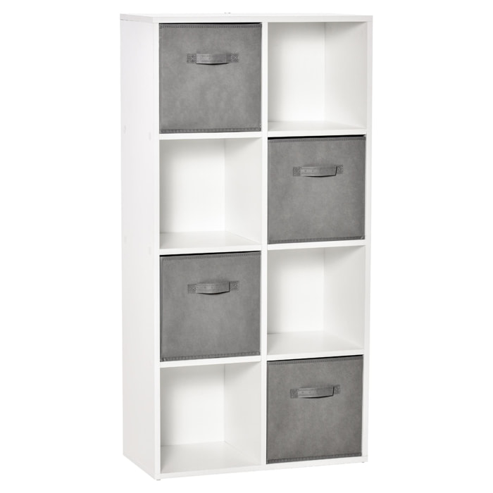 Estantería para Libros de 8 Cubos Librería Modular con 4 Cajones Extraíbles de Tela no Tejida para Oficina Estudio Dormitorio 61,5x30x121,6 cm Blanco y Gris