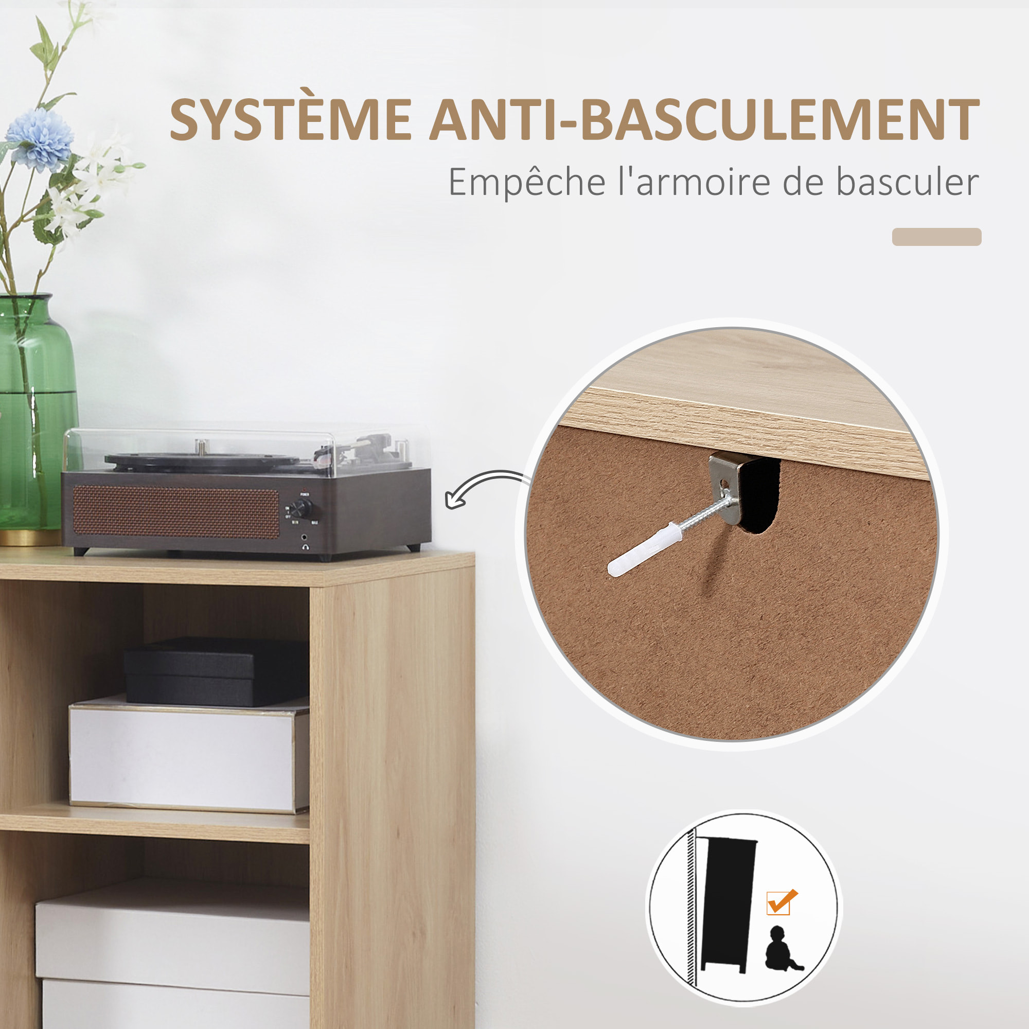 Buffet haut design Urban Craft - 2 portes avec étagère, 2 niches, tiroir - piètement acier noir - MDF aspect bois clair