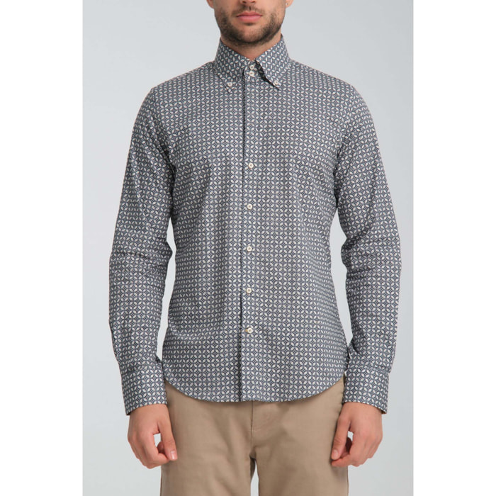 Camicia Uomo 2 Bottoni Button Down Slim Popeline Stretch Stampato Grigio Medio/Blu