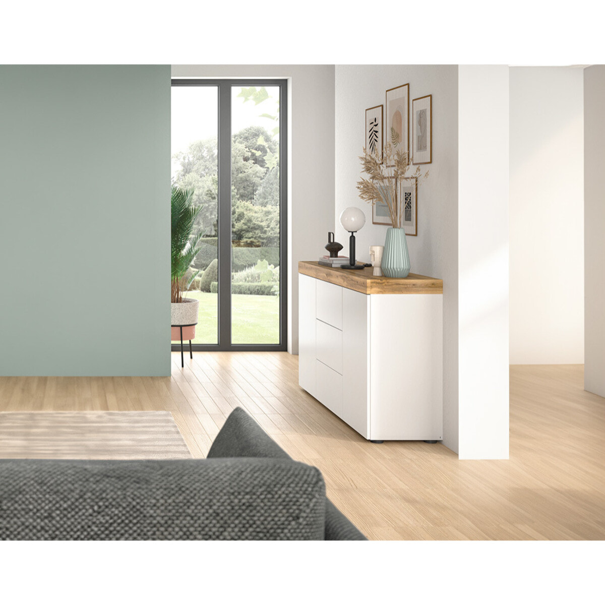 Olivier - buffet bas - 2 portes et 3 tiroirs - blanc et bois - 125 cm - Bois