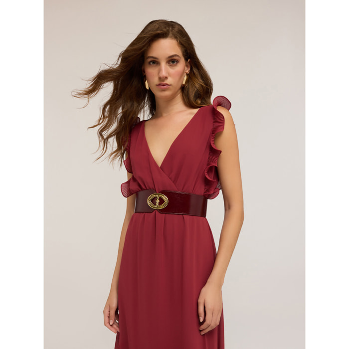 Motivi - Vestido largo con borde plisado - Burgundy