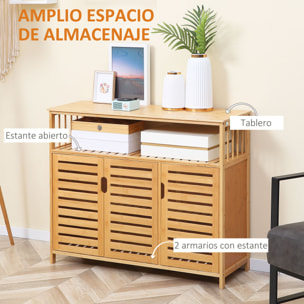 Aparador de 3 Puertas Ranuradas Aparador para Salón de Bambú con Estantes para Comedor Cocina Entrada Natural 100x35x82 cm
