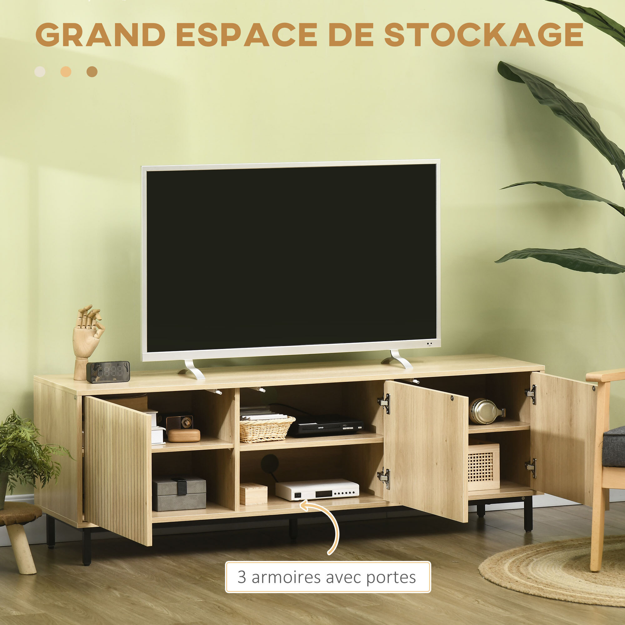 Meuble TV banc TV design Urban Craft - 3 portes, 3 étagères - piètement acier noir aspect bois clair